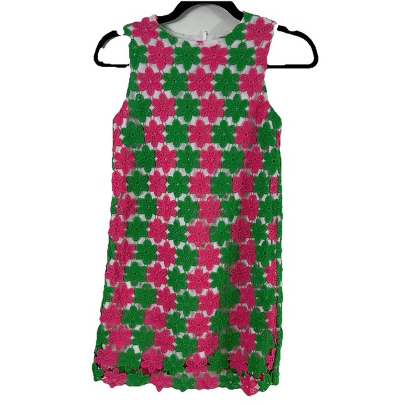 Lilly Pulitzer Truly Petal Pink Green Crochet Lace Pearl Dress Lined Girls  12